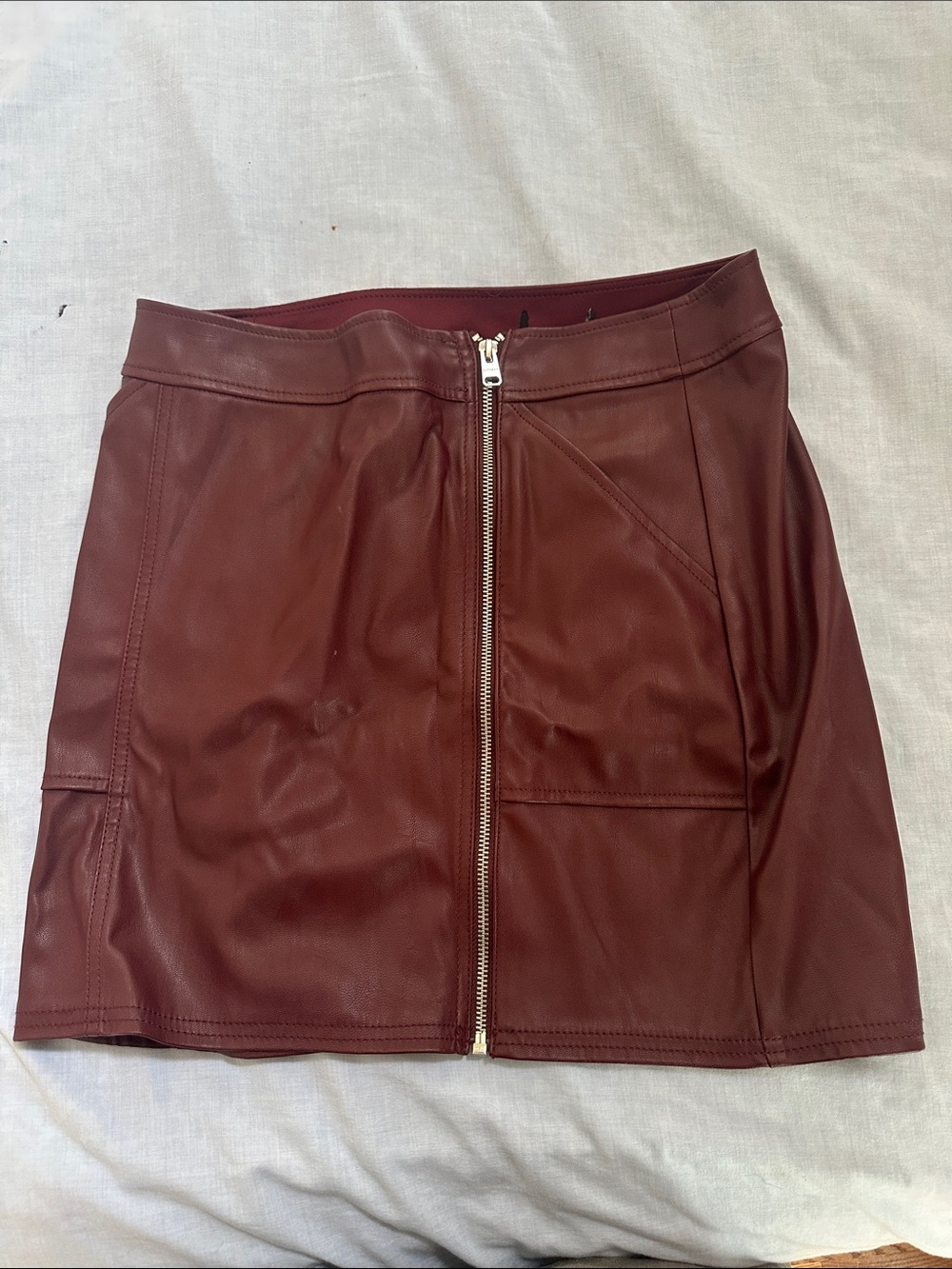 Express Burgundy Faux Leather Front-Zip Mini Skirt